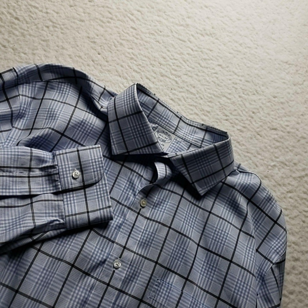 Brooks Brothers Dress Shirt Mens 16.5 32/33 Blue Plaid Non Iron Stretch LS